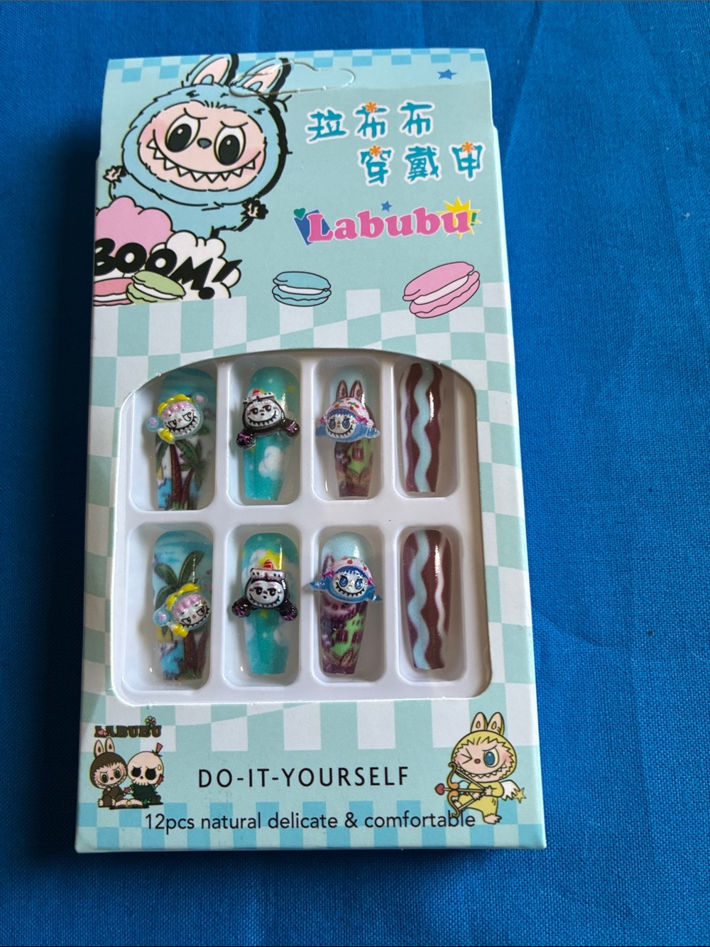 Labubu Decorative Press-On Nails in Aqua, Pink & Brown